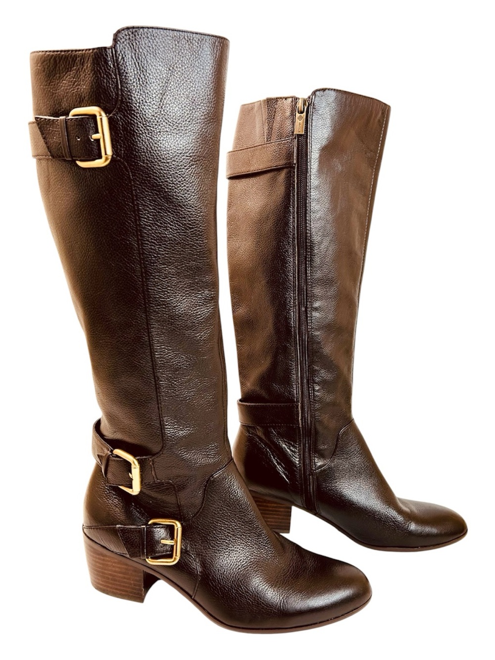 Isola Dark Brown Leather Riding Boots, Stacked Heels, Brass Buckles, size 9.5
